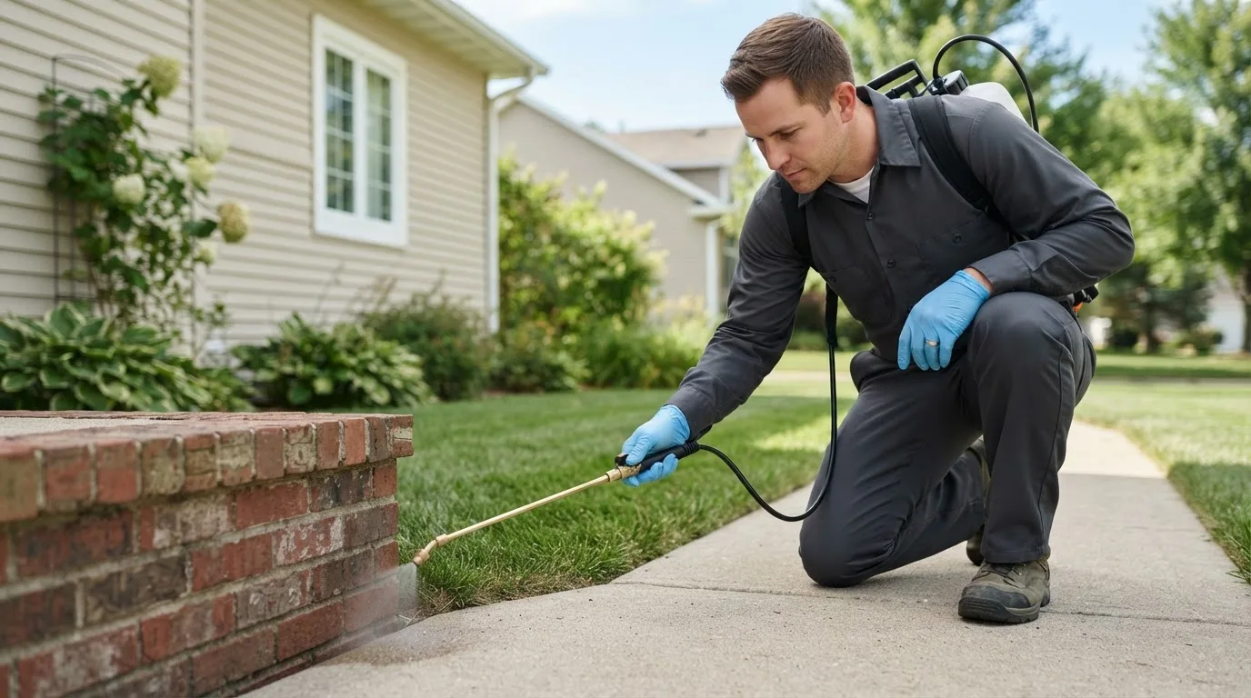 Pest control technician treating a home near Tate, GA